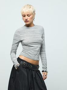 COUREZ Stripe Back Cut Out Top  /Y2K Long Sleeve Tops Rave Outfits Fall Clothes For Women Cute Tops Greyt Tops Going Out Tops Y2K Tops - Light Grey - View 7
