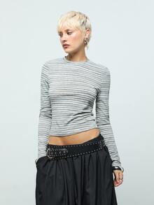 COUREZ Stripe Back Cut Out Top  /Y2K Long Sleeve Tops Rave Outfits Fall Clothes For Women Cute Tops Greyt Tops Going Out Tops Y2K Tops - Light Grey - View 5