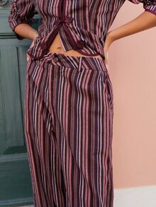 Nöista Chinese-Style Striped Burgundy Two-Piece Suit,Elegant, Suitable For Fall Winter, Casual,Chic,Going Out.. - Burgundy - View 6