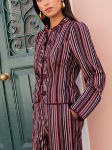 Nöista Chinese-Style Striped Burgundy Two-Piece Suit,Elegant, Suitable For Fall Winter, Casual,Chic,Going Out.. - Burgundy - View 1
