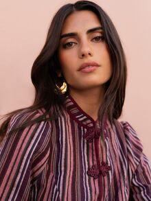 Nöista Chinese-Style Striped Burgundy Two-Piece Suit,Elegant, Suitable For Fall Winter, Casual,Chic,Going Out.. - Burgundy - View 5