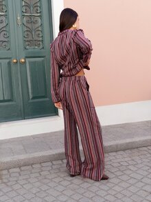 Nöista Chinese-Style Striped Burgundy Two-Piece Suit,Elegant, Suitable For Fall Winter, Casual,Chic,Going Out.. - Burgundy - View 4