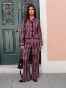 Nöista Chinese-Style Striped Burgundy Two-Piece Suit,Elegant, Suitable For Fall Winter, Casual,Chic,Going Out.. - Burgundy - View 2