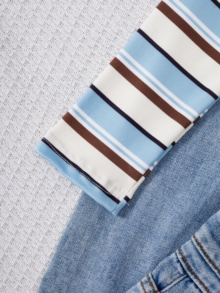 Teen Girls T-Shirt, Blue And Brown Striped, Casual Fit, Warm For Autumn/Winter, Fashionable And Versatile, Daily, Comfortable, Collar, Cute, Minimalist, Elegant, Slim Fit, Knitted, Solid Color - Multicolor - View 5