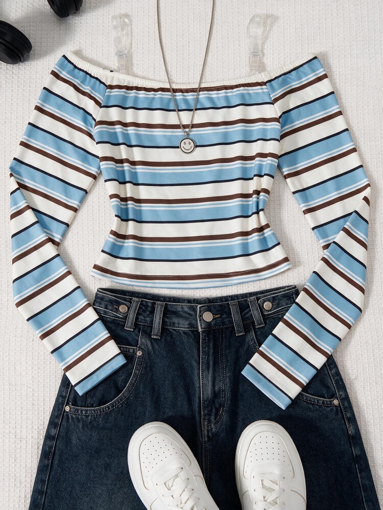 Teen Girls T-Shirt, Blue And Brown Striped, Casual Fit, Warm For Autumn/Winter, Fashionable And Versatile, Daily, Comfortable, Collar, Cute, Minimalist, Elegant, Slim Fit, Knitted, Solid Color - Multicolor - View 7