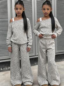 SHEIN Sparklyn Teenage Girls Grey Leopard Print Cold Shoulder Camisole Sweatshirt + Wide Leg Pants Set, Spring/Autumn Daily Wear - White - View 2