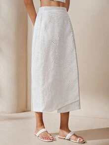 BELROSIE Skirt A-Line Midi Hollow Out Embroidered Lace Side Buttons Wrap Irregular Hem Elegant Vacation White Floral Vacation Outfits Women Holiday - White - View 6