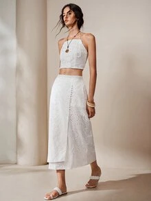 BELROSIE Skirt A-Line Midi Hollow Out Embroidered Lace Side Buttons Wrap Irregular Hem Elegant Vacation White Floral Vacation Outfits Women Holiday - White - View 7