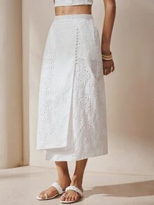 BELROSIE Skirt A-Line Midi Hollow Out Embroidered Lace Side Buttons Wrap Irregular Hem Elegant Vacation White Floral Vacation Outfits Women Holiday - White - View 2