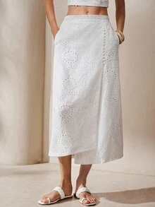 BELROSIE Skirt A-Line Midi Hollow Out Embroidered Lace Side Buttons Wrap Irregular Hem Elegant Vacation White Floral Vacation Outfits Women Holiday - White - View 5
