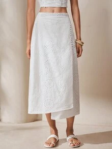 BELROSIE Skirt A-Line Midi Hollow Out Embroidered Lace Side Buttons Wrap Irregular Hem Elegant Vacation White Floral Vacation Outfits Women Holiday - White - View 4