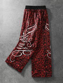 ROMWE MEN Men's Double Waistband Floral Letter Print Leopard Pattern Streetwear Loose Drawstring Sweatpants - Red - View 7