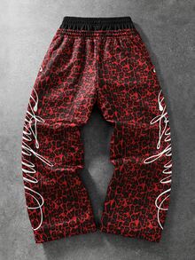 ROMWE MEN Men's Double Waistband Floral Letter Print Leopard Pattern Streetwear Loose Drawstring Sweatpants - Red - View 2