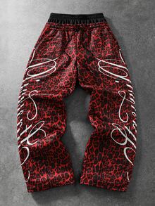 ROMWE MEN Men's Double Waistband Floral Letter Print Leopard Pattern Streetwear Loose Drawstring Sweatpants - Red - View 1