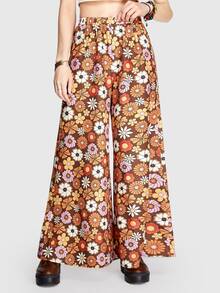 Goldendazeillustration Hippie Women's Full Printed Flower Pattern Wide Leg Pants - Multicolor - View 3