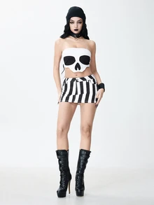 ROMWE Grunge Punk Casual Gothic Striped Low Waist Stretch Denim Skirt For Women - Black and White - View 3