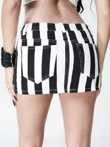 ROMWE Grunge Punk Casual Gothic Striped Low Waist Stretch Denim Skirt For Women - Black and White - View 2