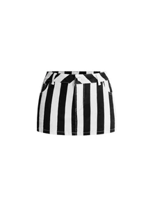 ROMWE Grunge Punk Casual Gothic Striped Low Waist Stretch Denim Skirt For Women - Black and White - View 1