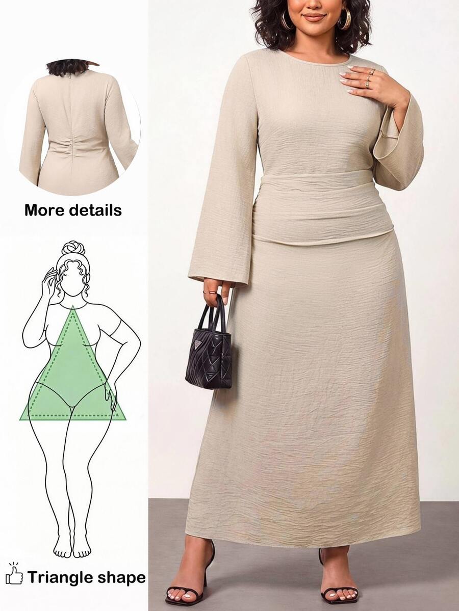 Truni Plus-Size Women's Fall Elegant Casual Simple Flared Sleeve Long Dress Flattering To The Abdomen Work Homewear Graduation Office Brunch Party Grey - Apricot - View 1