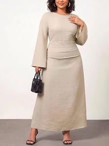 Truni Plus-Size Women's Fall Elegant Casual Simple Flared Sleeve Long Dress Flattering To The Abdomen Work Homewear Graduation Office Brunch Party Grey - Apricot - View 4