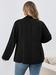 SHEIN CURVE+ 大尺碼女款黑色休閒寬鬆商務正式職場辦公室教師優雅法式時尚風格西裝外套 秋季 - 黑色 - 查看 3