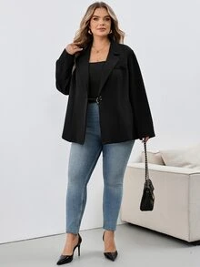 SHEIN CURVE+ 大尺碼女款黑色休閒寬鬆商務正式職場辦公室教師優雅法式時尚風格西裝外套 秋季 - 黑色 - 查看 7