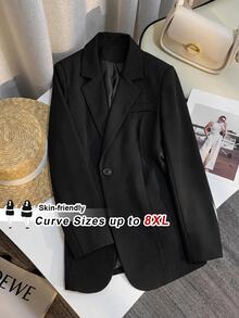 SHEIN CURVE+ 大尺碼女款黑色休閒寬鬆商務正式職場辦公室教師優雅法式時尚風格西裝外套 秋季 - 黑色 - 查看 2