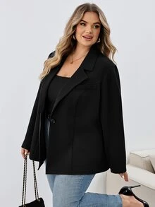 SHEIN CURVE+ 大尺碼女款黑色休閒寬鬆商務正式職場辦公室教師優雅法式時尚風格西裝外套 秋季 - 黑色 - 查看 10