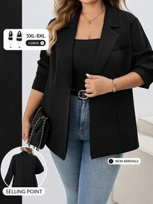 SHEIN CURVE+ 大尺碼女款黑色休閒寬鬆商務正式職場辦公室教師優雅法式時尚風格西裝外套 秋季 - 黑色 - 查看 1