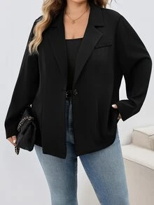 SHEIN CURVE+ 大尺碼女款黑色休閒寬鬆商務正式職場辦公室教師優雅法式時尚風格西裝外套 秋季 - 黑色 - 查看 5
