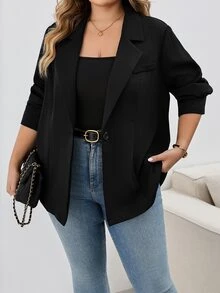 SHEIN CURVE+ 大尺碼女款黑色休閒寬鬆商務正式職場辦公室教師優雅法式時尚風格西裝外套 秋季 - 黑色 - 查看 4