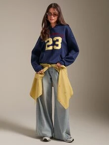Athîral Women's Embroidered Letter & Number Pattern Navy Blue Fleece Casual Sporty Oversized Sweatshirt For Fall Winter, Back To School,Going Out,Cool Girl - Blue - View 5