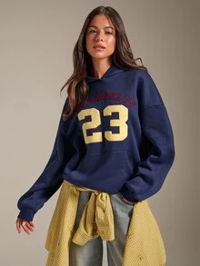 Athîral Women's Embroidered Letter & Number Pattern Navy Blue Fleece Casual Sporty Oversized Sweatshirt For Fall Winter, Back To School,Going Out,Cool Girl - Blue - View 1