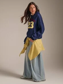 Athîral Women's Embroidered Letter & Number Pattern Navy Blue Fleece Casual Sporty Oversized Sweatshirt For Fall Winter, Back To School,Going Out,Cool Girl - Blue - View 6