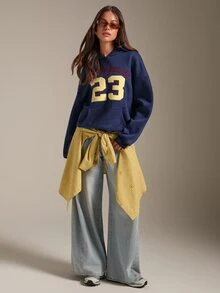 Athîral Women's Embroidered Letter & Number Pattern Navy Blue Fleece Casual Sporty Oversized Sweatshirt For Fall Winter, Back To School,Going Out,Cool Girl - Blue - View 3