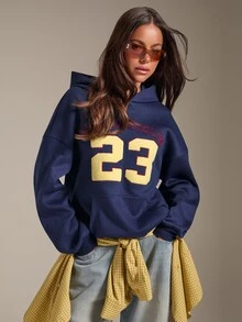 Athîral Women's Embroidered Letter & Number Pattern Navy Blue Fleece Casual Sporty Oversized Sweatshirt For Fall Winter, Back To School,Going Out,Cool Girl - Blue - View 4
