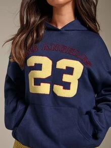 Athîral Women's Embroidered Letter & Number Pattern Navy Blue Fleece Casual Sporty Oversized Sweatshirt For Fall Winter, Back To School,Going Out,Cool Girl - Blue - View 7