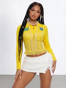 Gowayae Gowayae Letter Number Print Sheer Mesh And Lace Ruffle Hem Crop Bustier Tee - Yellow - View 5