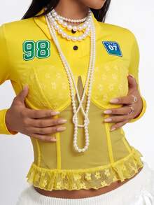 Gowayae Gowayae Letter Number Print Sheer Mesh And Lace Ruffle Hem Crop Bustier Tee - Yellow - View 1
