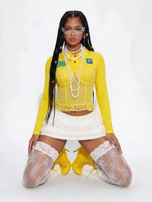 Gowayae Gowayae Letter Number Print Sheer Mesh And Lace Ruffle Hem Crop Bustier Tee - Yellow - View 7