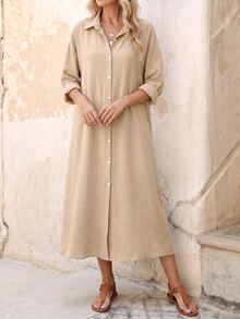EMERY ROSE Women's Pleated Long Button Down Oversized Solid Color Long Sleeve Shirt - Khaki - View 3