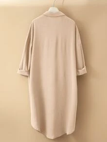 EMERY ROSE Women's Pleated Long Button Down Oversized Solid Color Long Sleeve Shirt - Khaki - View 2