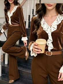 Elyressa Women's French Velvet 2 Pieces Matching Set, Lace Ruffle V-Neck Long Sleeve Top Flare Pants, Fall Date Dinner Shades Of Brown Chocolate Vintage - Coffee Brown - View 3