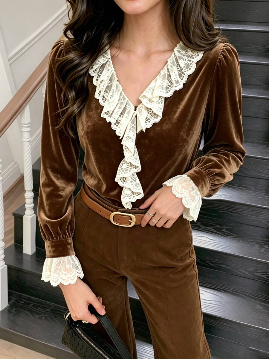 Elyressa Women's French Velvet 2 Pieces Matching Set, Lace Ruffle V-Neck Long Sleeve Top Flare Pants, Fall Date Dinner Shades Of Brown Chocolate Vintage - Coffee Brown - View 1