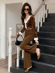 Elyressa Women's French Velvet 2 Pieces Matching Set, Lace Ruffle V-Neck Long Sleeve Top Flare Pants, Fall Date Dinner Shades Of Brown Chocolate Vintage - Coffee Brown - View 4