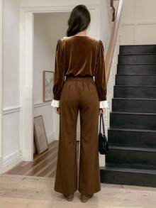 Elyressa Women's French Velvet 2 Pieces Matching Set, Lace Ruffle V-Neck Long Sleeve Top Flare Pants, Fall Date Dinner Shades Of Brown Chocolate Vintage - Coffee Brown - View 2