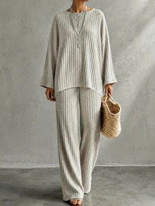 LUMIGAL Women's Minimalist Versatile Ribbed Top And Loose Long Pants 2 Pieces Set - Grey - View 6