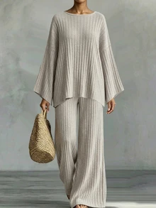 LUMIGAL Women's Minimalist Versatile Ribbed Top And Loose Long Pants 2 Pieces Set - Grey - View 3