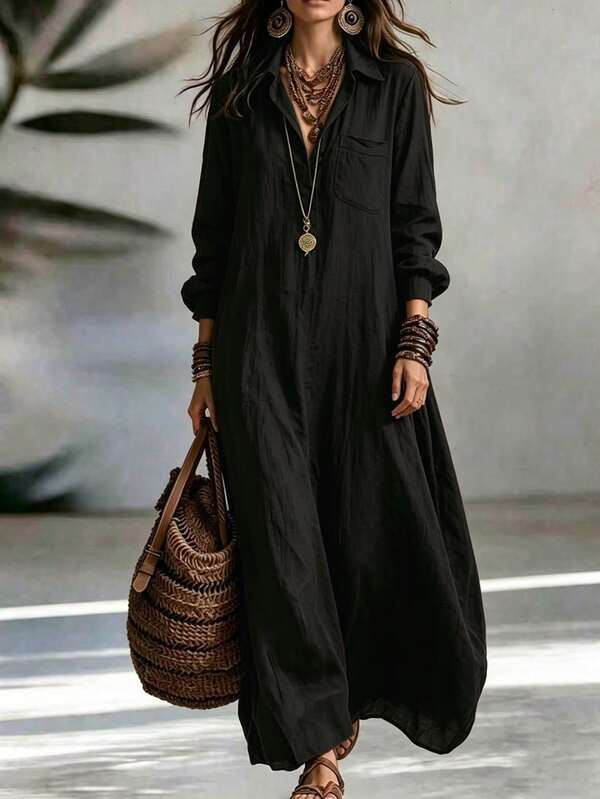 Breezaya Women's Vintage Brown Linen Shirt Dress, Collar HalfButton LongSleeve Loose Maxi Vacation Dress