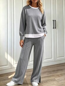 Holdful Holdful Ensemble 2 pièces pour femmes Automne/Hiver Confortable Maison Décontracté Tissu Texturé blocs de couleurs Patchwork Col Rond Manches Longues Top Ample & Pantalon Jambe Large Ourlet Fendu - Gris - Voir 3